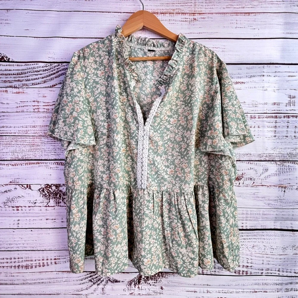 Cottagecore Floral Peplum Top Shein 2XL Sage Green Flutter Sleeve Coquette